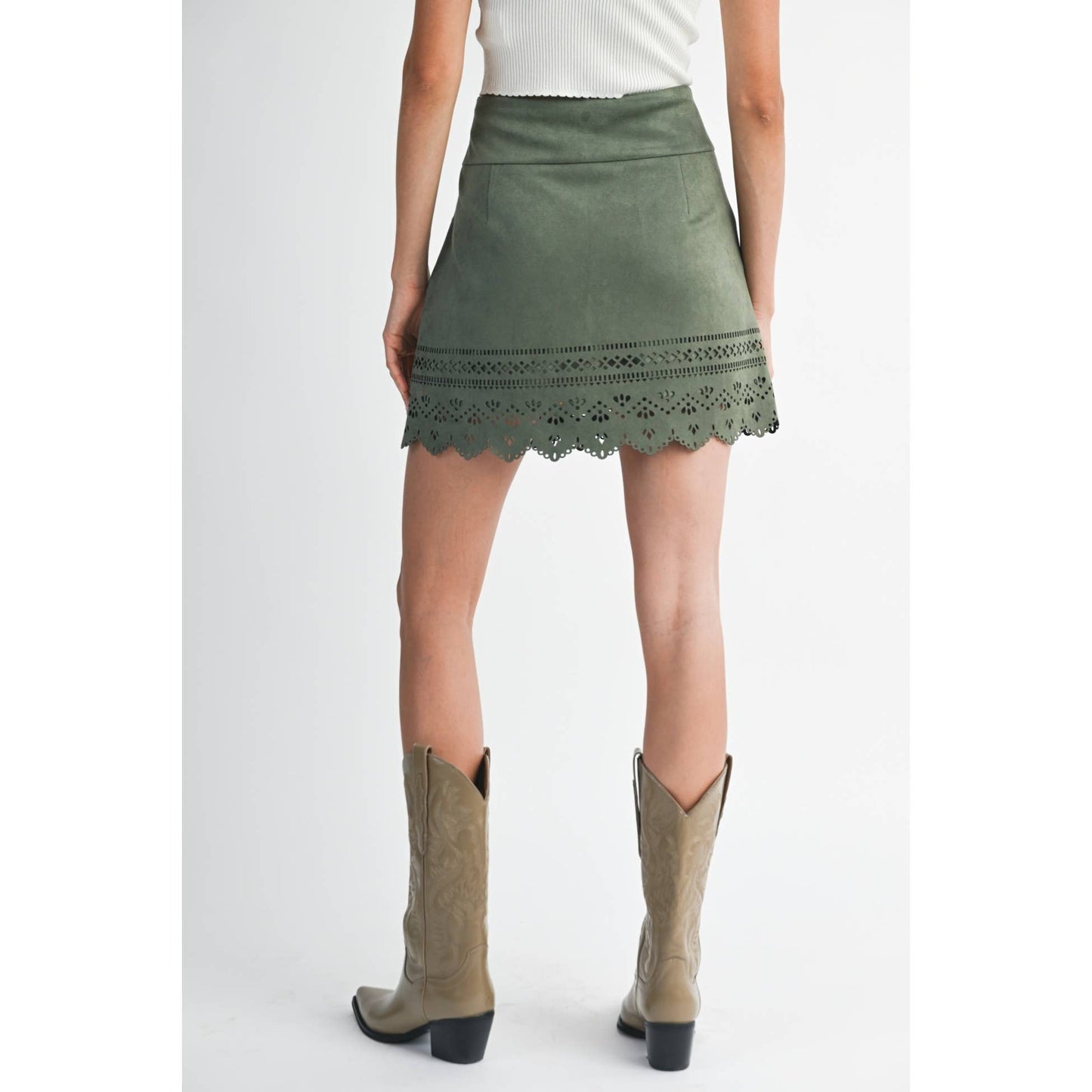 OLIVE GREEN LASER CUT A-LINE SKIRT
