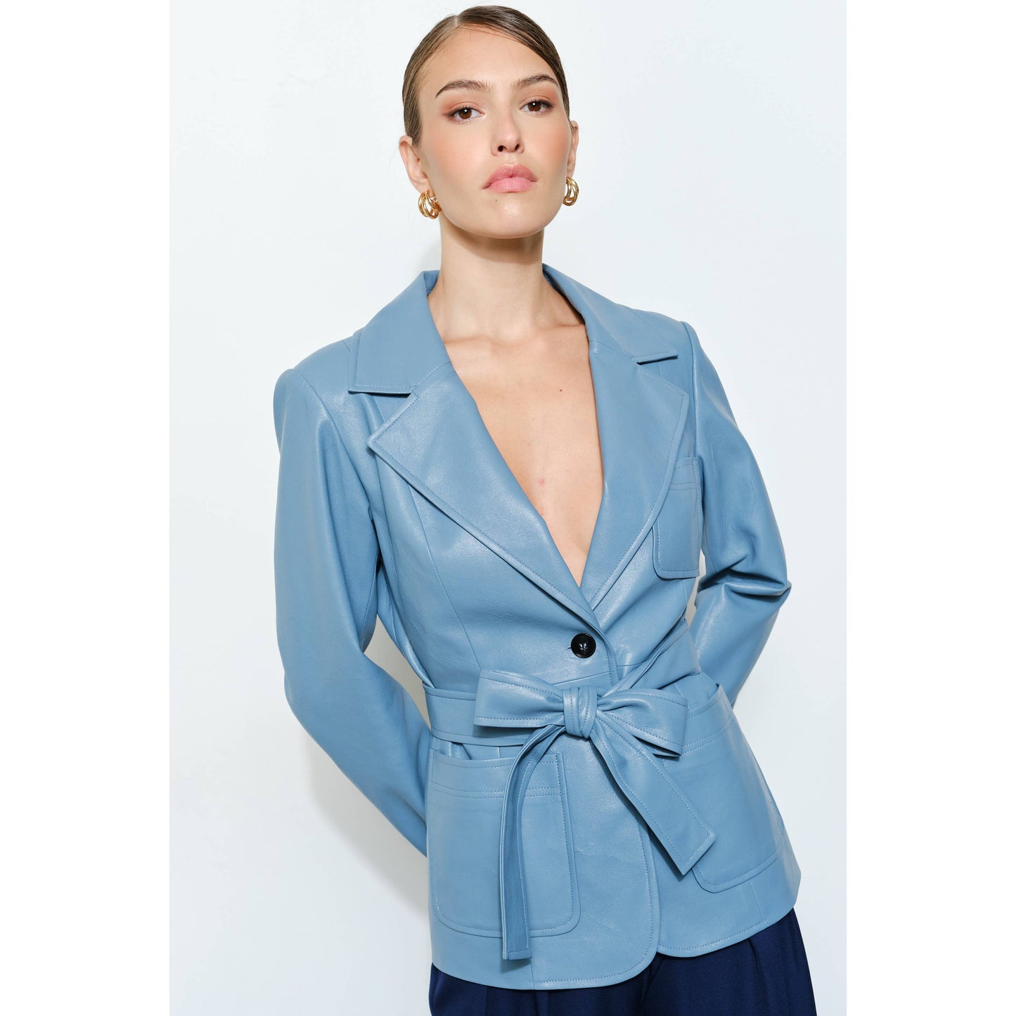 Faux Leather Single-Breasted Belted Blazer Jacket