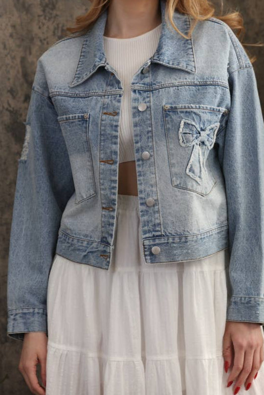 Denim Oversized Trucker Jacket With Bow Patch