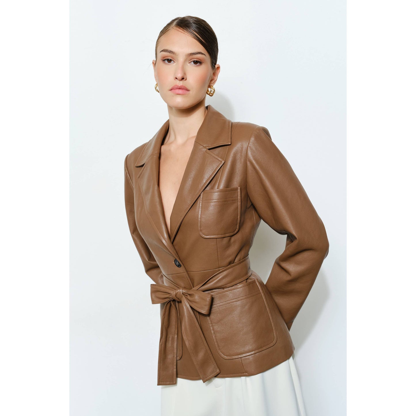 Faux Leather Single-Breasted Belted Blazer Jacket
