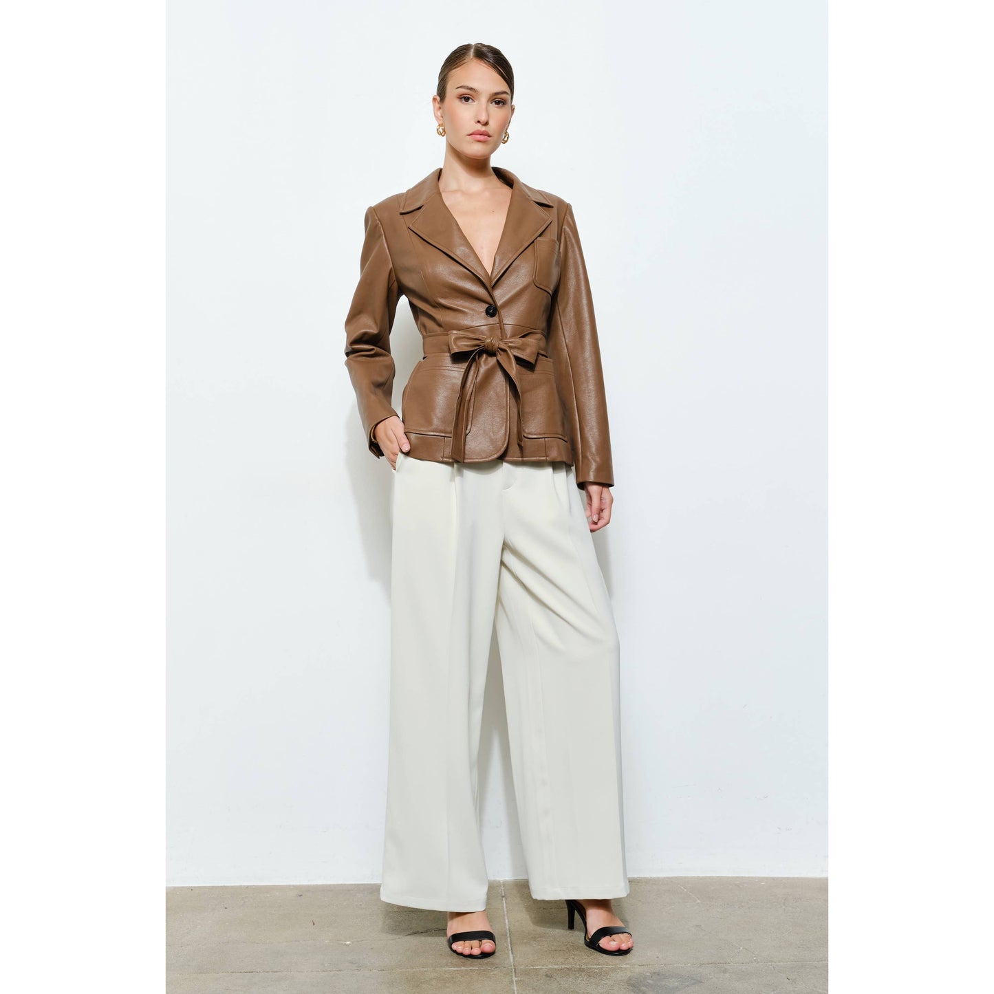 Faux Leather Single-Breasted Belted Blazer Jacket