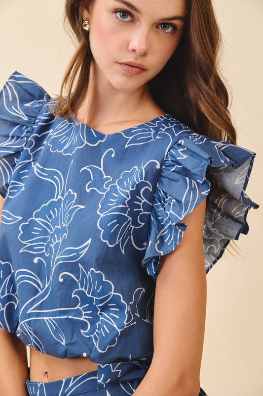 Floral Print Layered Ruffle Sleeves Crop Top