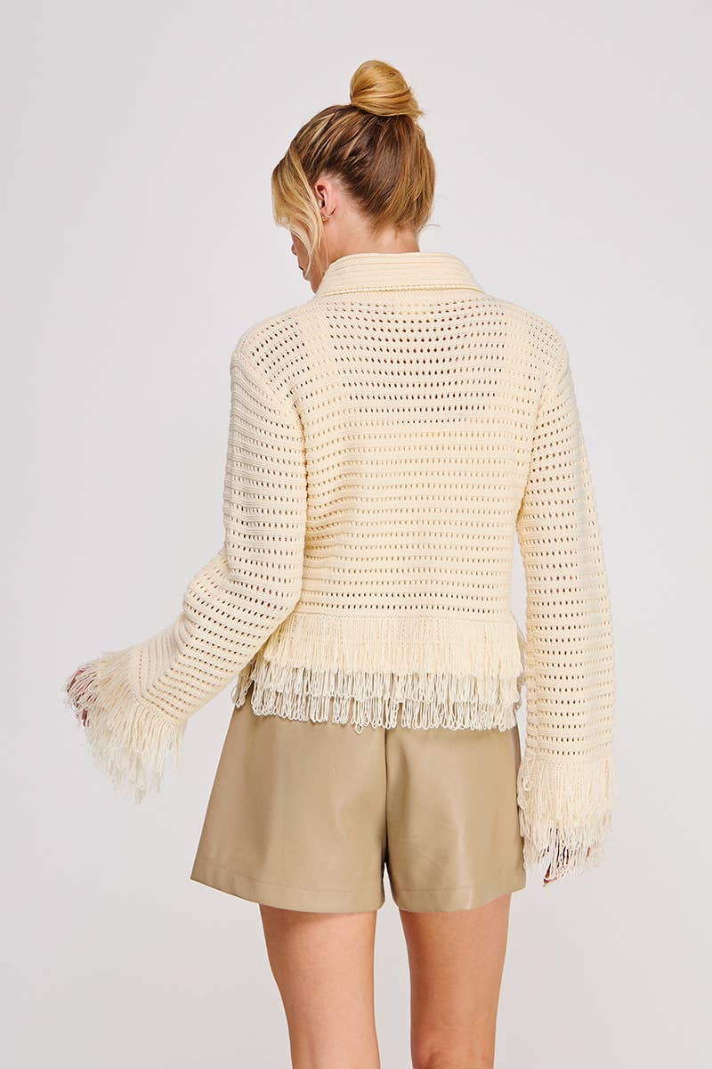 Open Knit Collared Fringe Cardigan