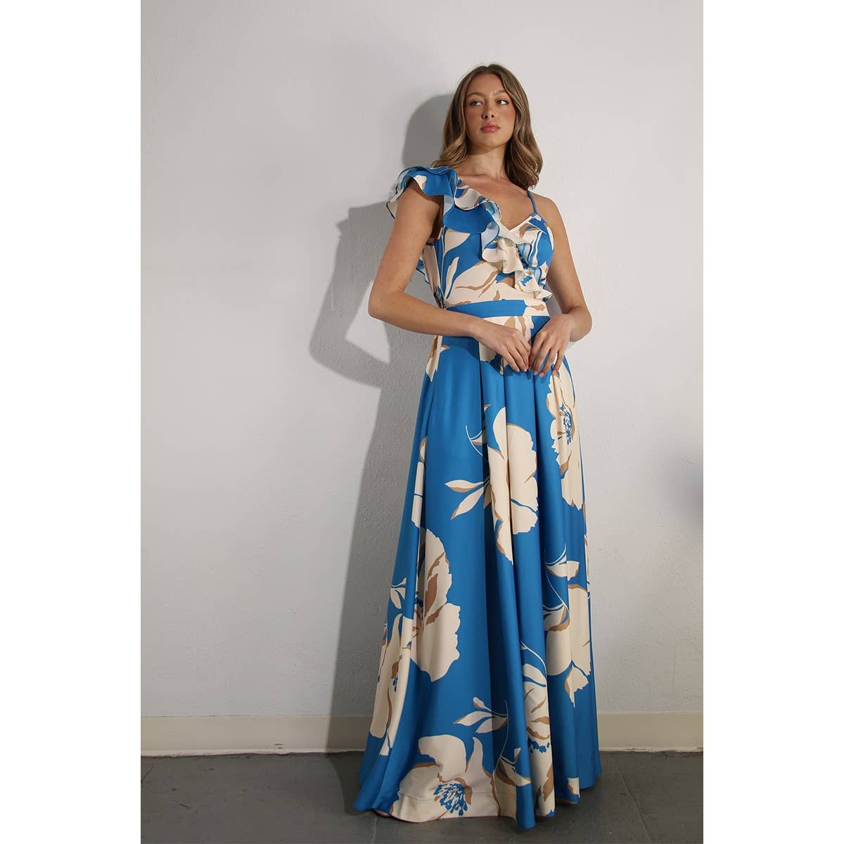 ONE SHOULDER RUFFLE PLEATED MAXI DRESS