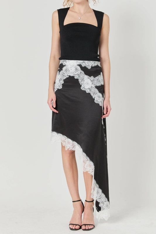 Asymmetrical Lace Trim Midi Skirt
