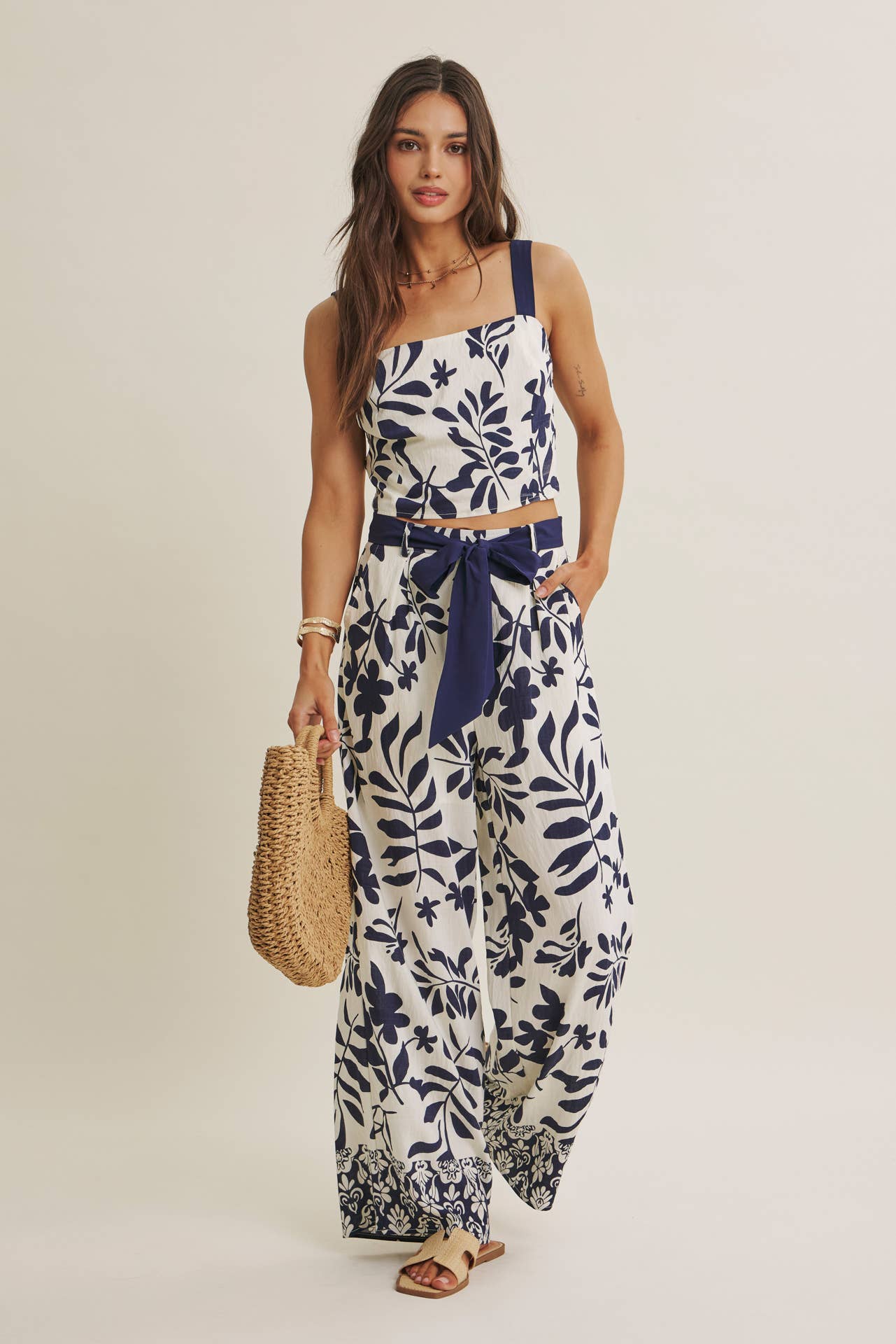 RESORT WEAR BORDER PRINT LEAF PRINT TOP AND PANTS SET