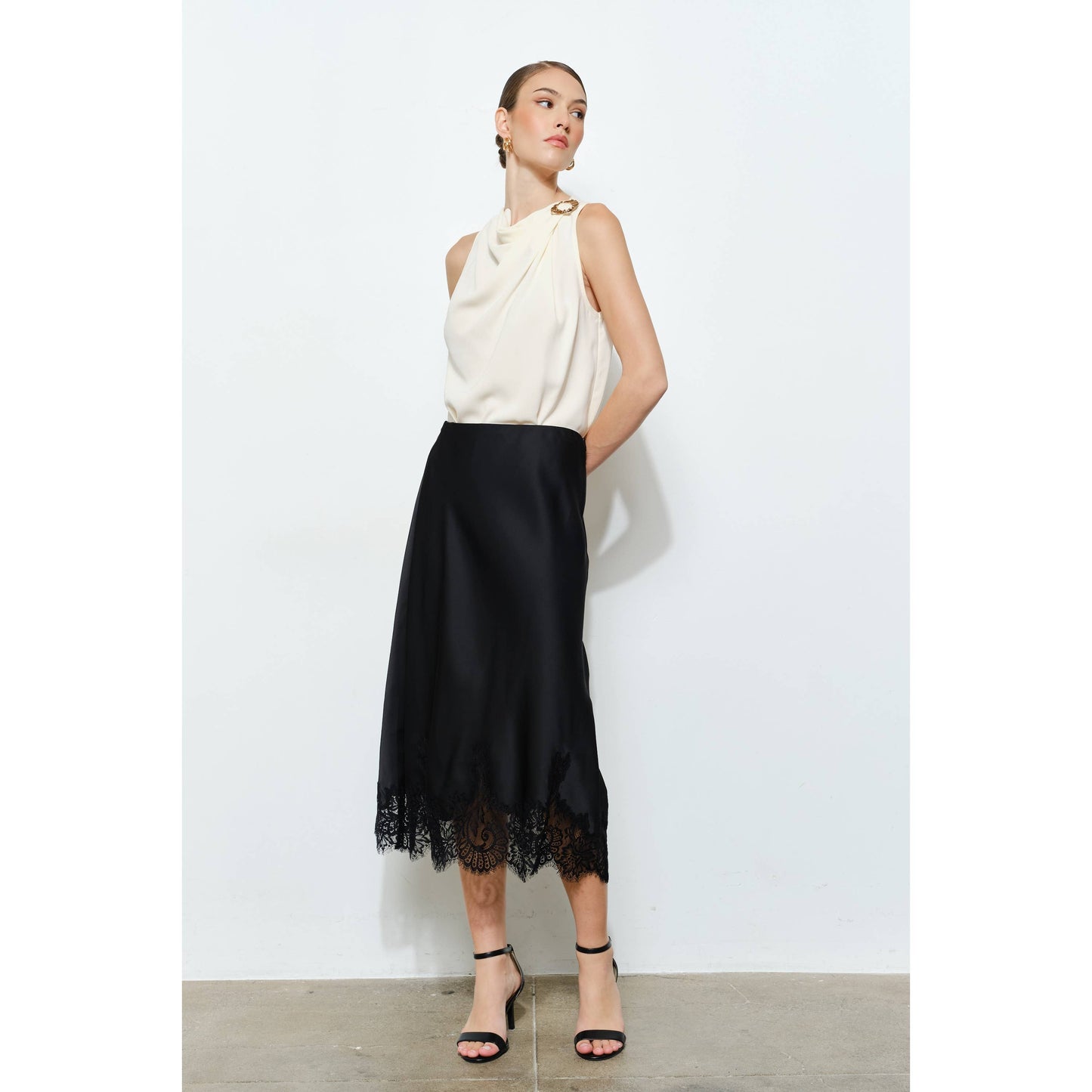 Classic Silky with Lace Hem H-Line Midi Skirt