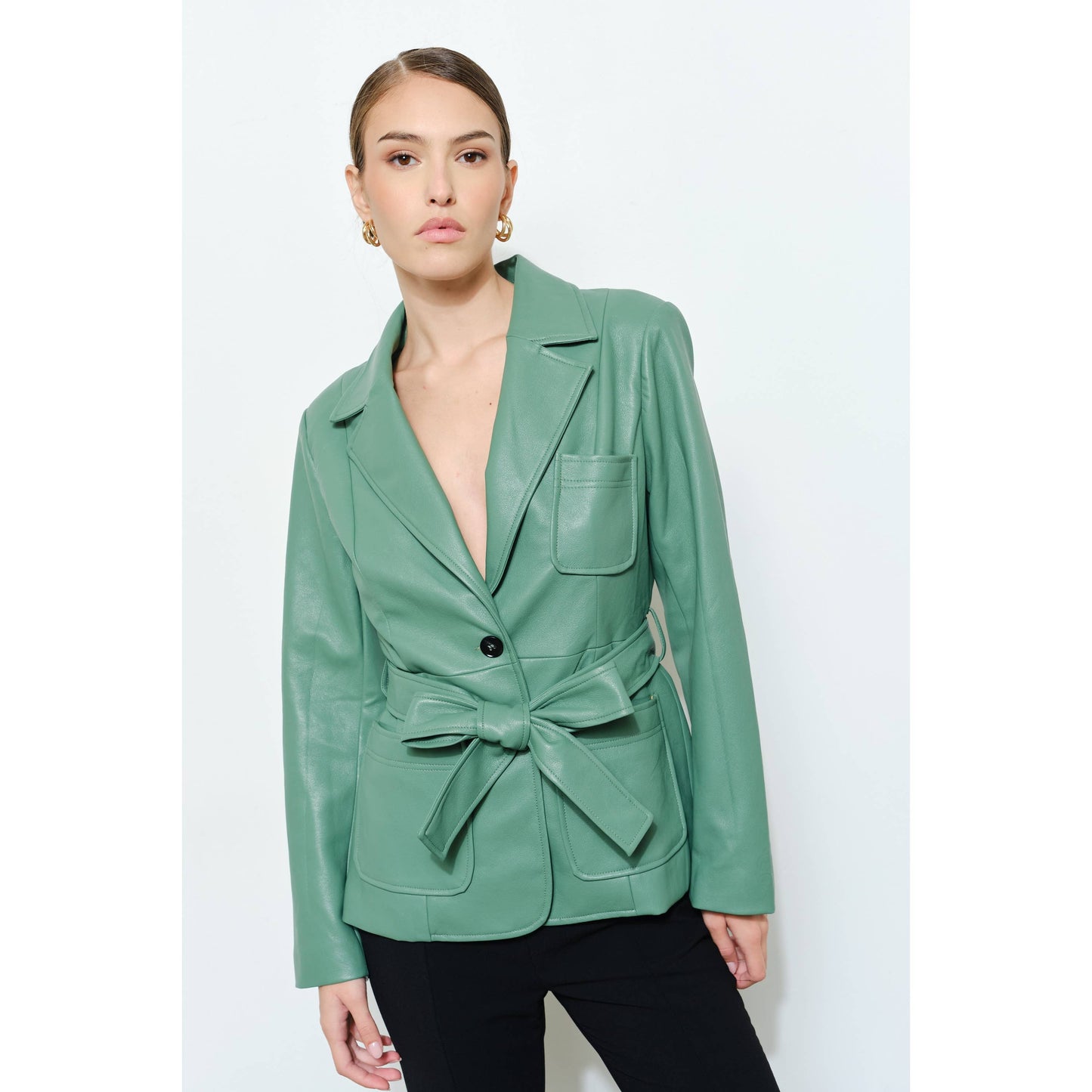 Faux Leather Single-Breasted Belted Blazer Jacket