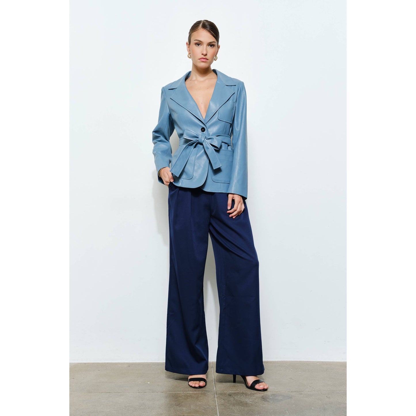 Faux Leather Single-Breasted Belted Blazer Jacket