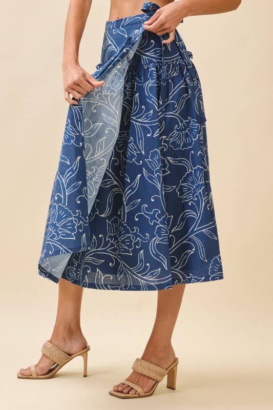 Floral Print A Line Side Tie Wrap Midi Skirt