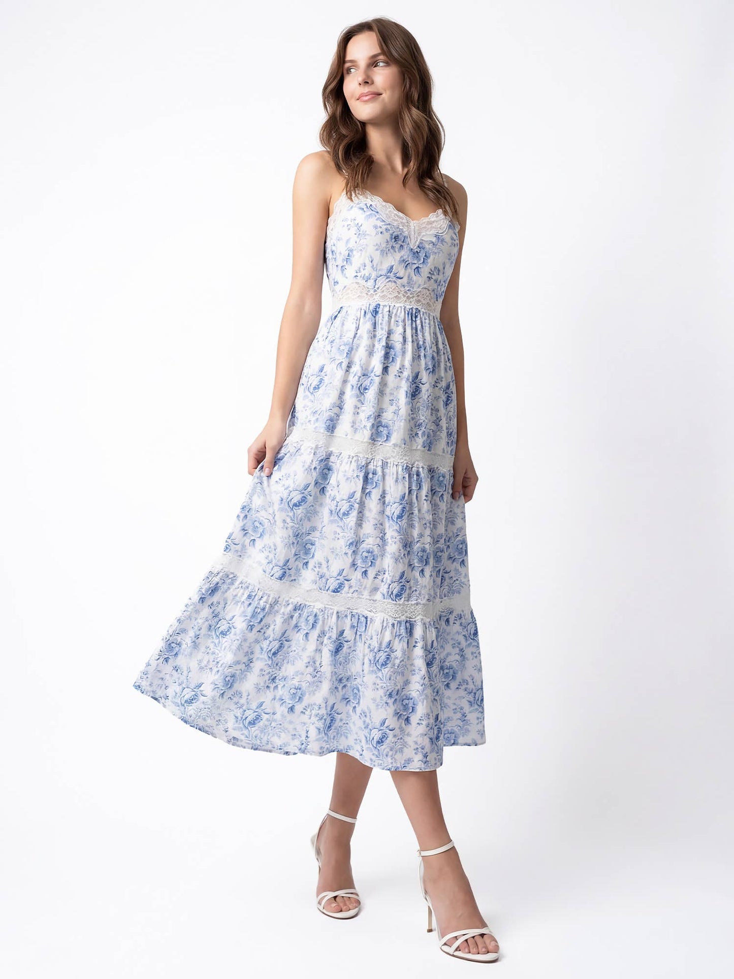Floral Midi Dress with Lace Trim