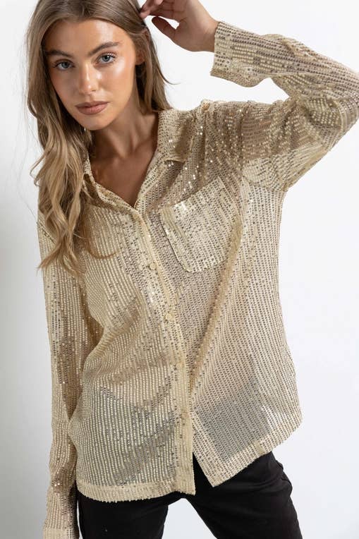 Sequined Button Down Long Sleeve Mesh Blouse Shirt