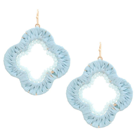 CLOVER SHAPE RAFFIA WRAPPED BEADED DANGLE EARRING, GSE 3884