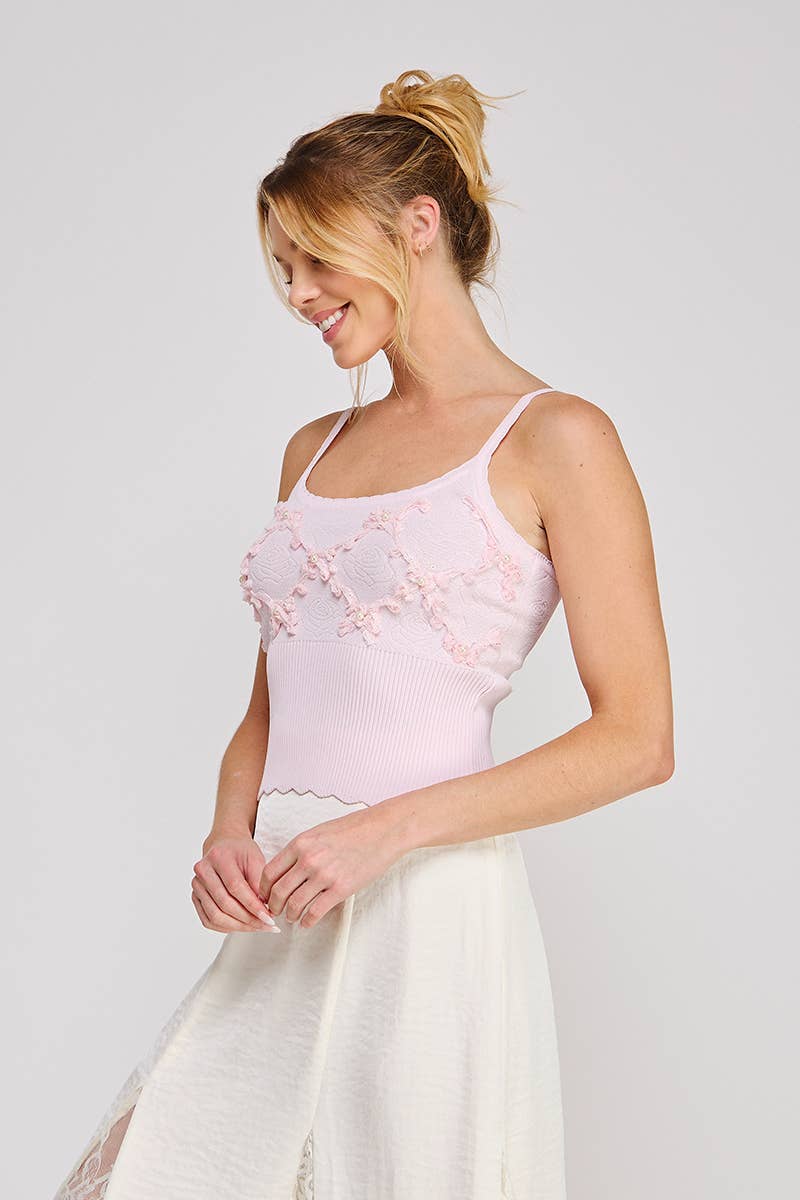 Floral Textured with Pearl Detail Knit Tank