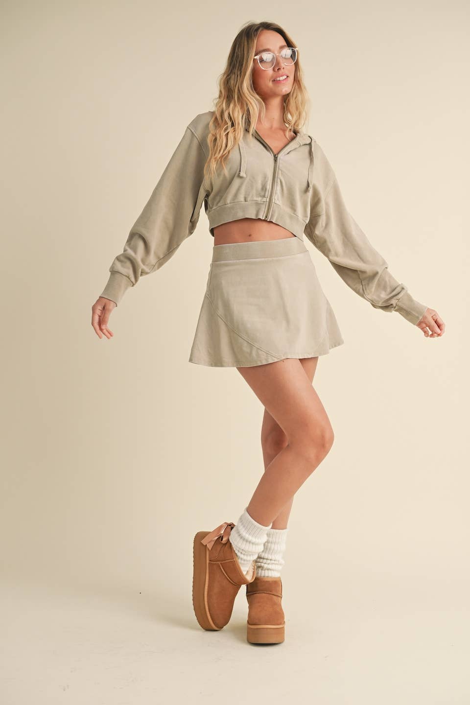 Mineral Wash Oversized Crop Hoodie Beige