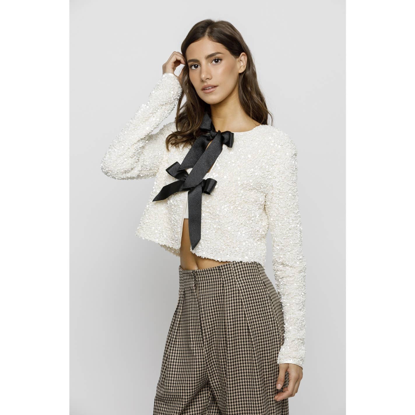 SOLID SEQUIN BLACK RIBBON BOW JACKET