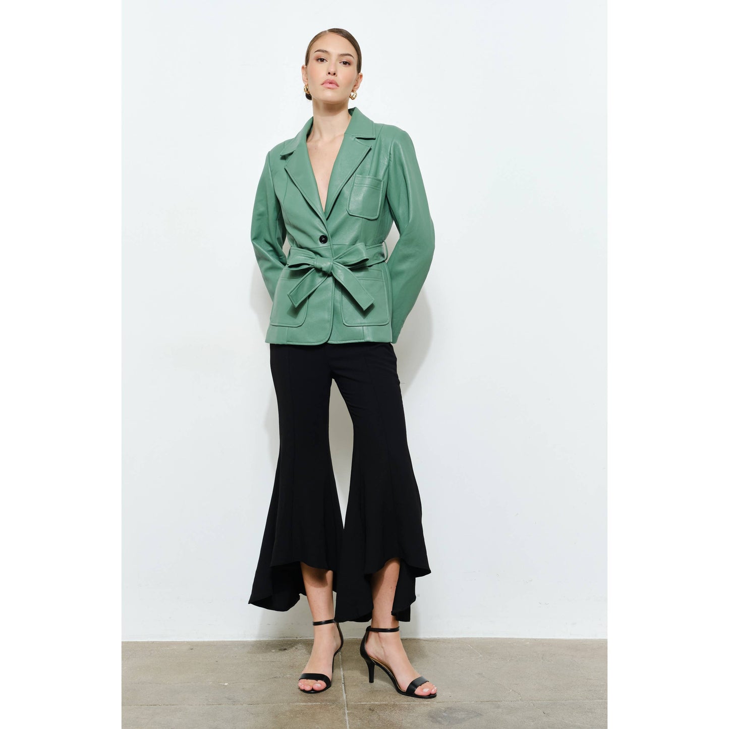 Faux Leather Single-Breasted Belted Blazer Jacket