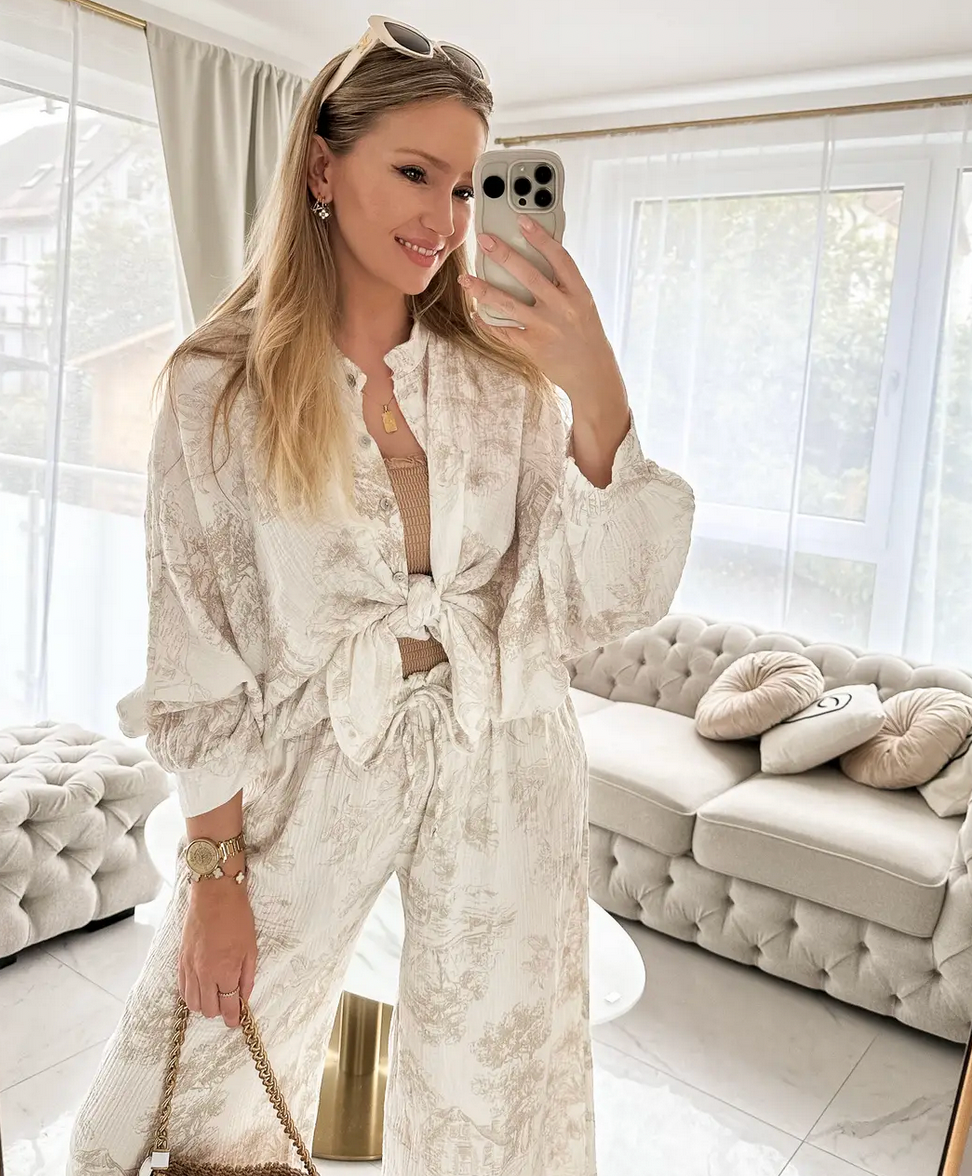 Muslin pants with print beige
