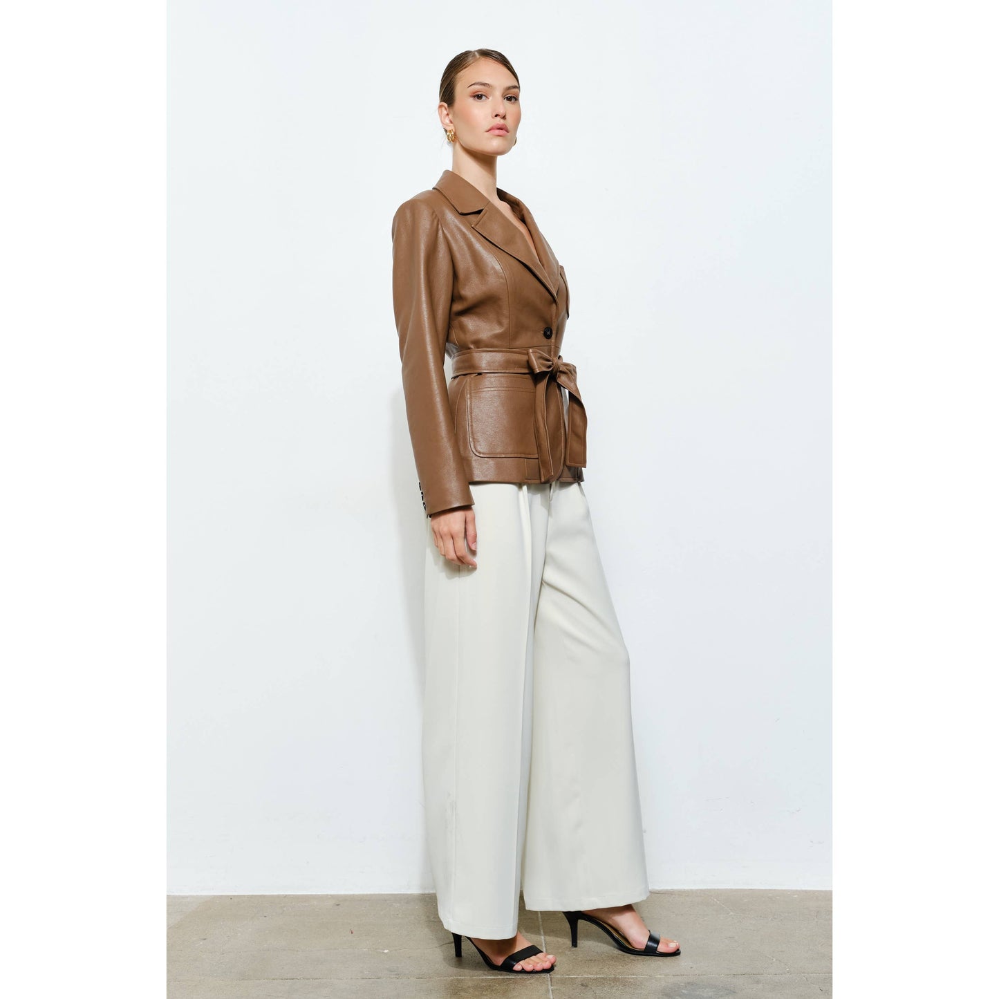 Faux Leather Single-Breasted Belted Blazer Jacket