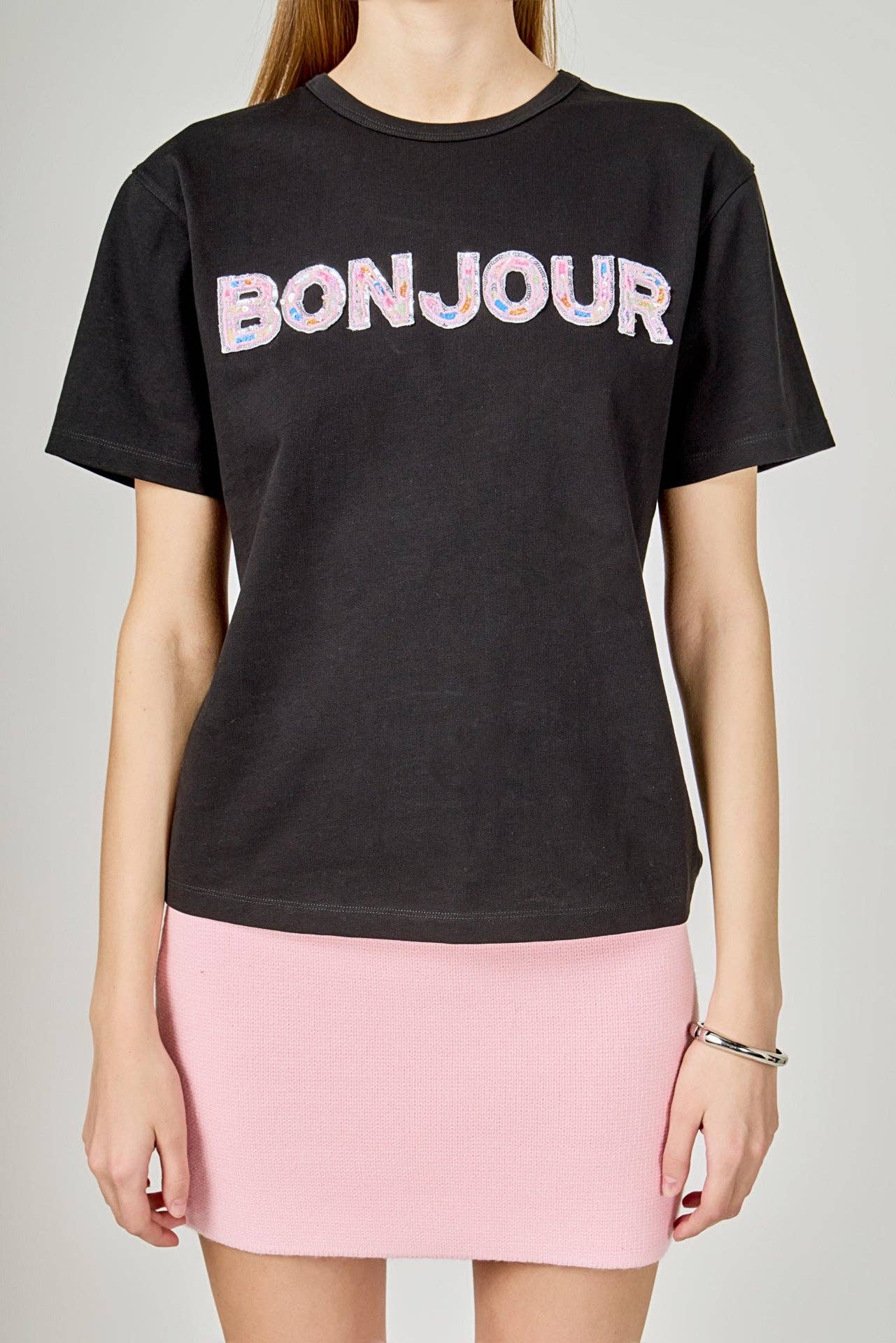 Bonjour Sequins Embroidered Patch Top-pink