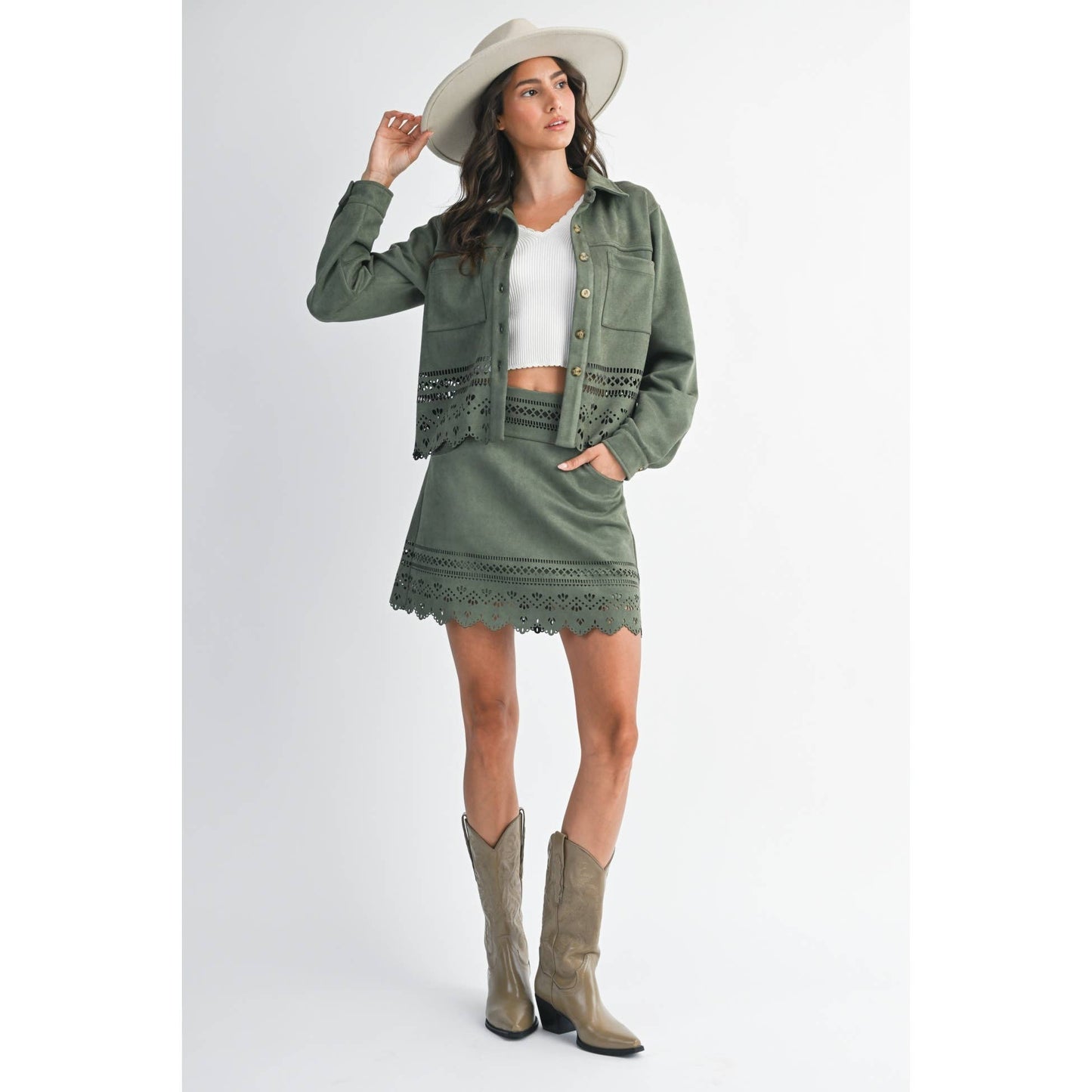 OLIVE GREEN LASER CUT A-LINE SKIRT