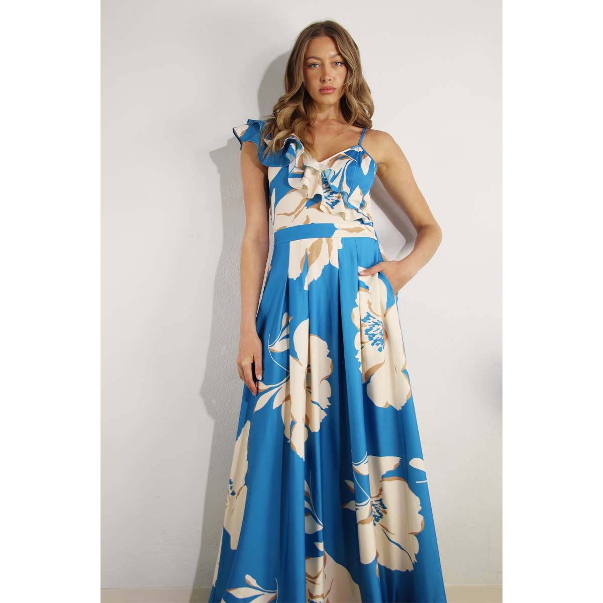 ONE SHOULDER RUFFLE PLEATED MAXI DRESS
