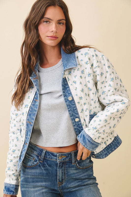 Floral Quilted Denim Trim Jacket