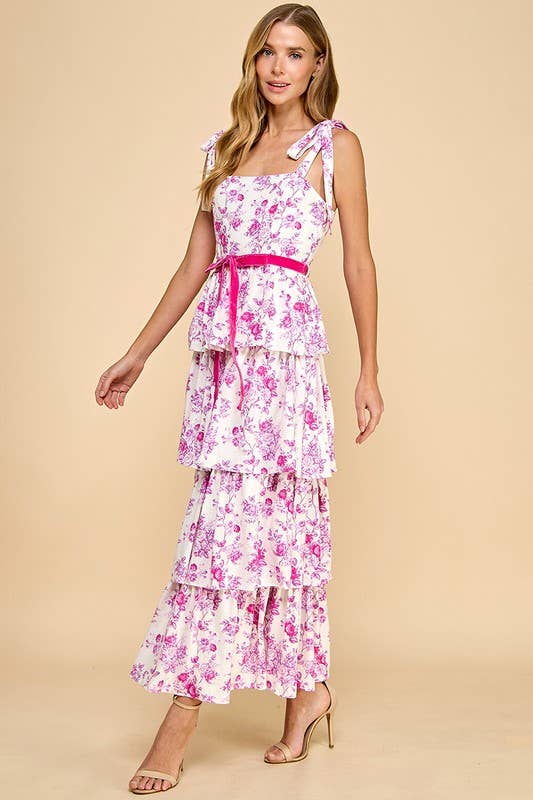 Floral Print Tiered Adjustable Straps Midi Dress