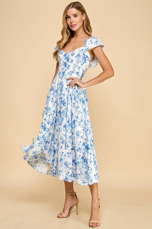 Floral Print Sweetheart Neck Elastic Waist Dress