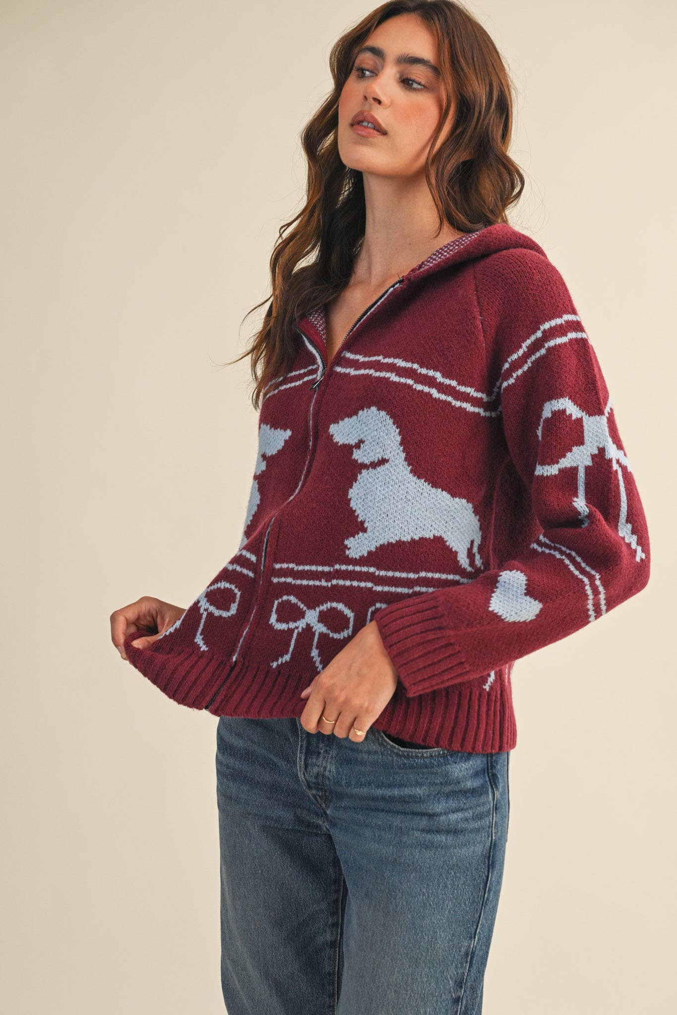 DACHSHUND KNIT CARDIGAN WITH HOOD MSW11219