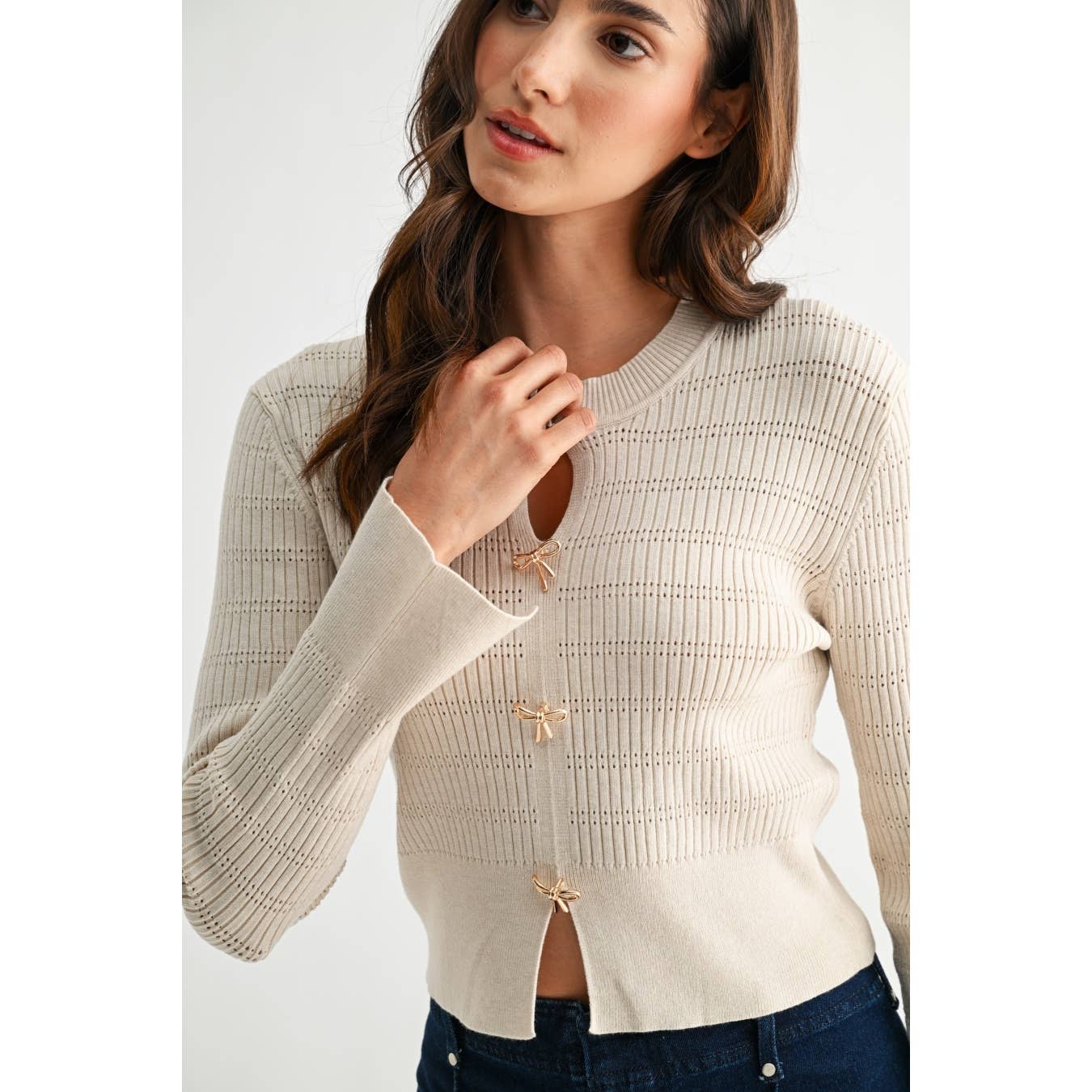 IVORY RIBBED CARDIGAN WITH METALLIC ACCENTS