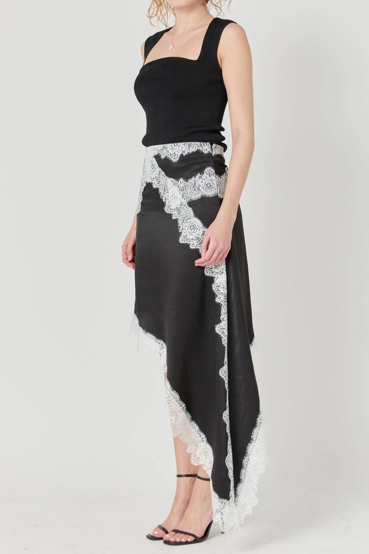 Asymmetrical Lace Trim Midi Skirt