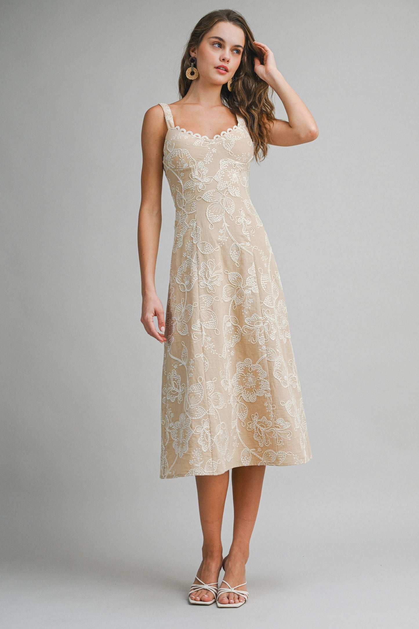 Elegant Floral Embroidered Midi Dress
