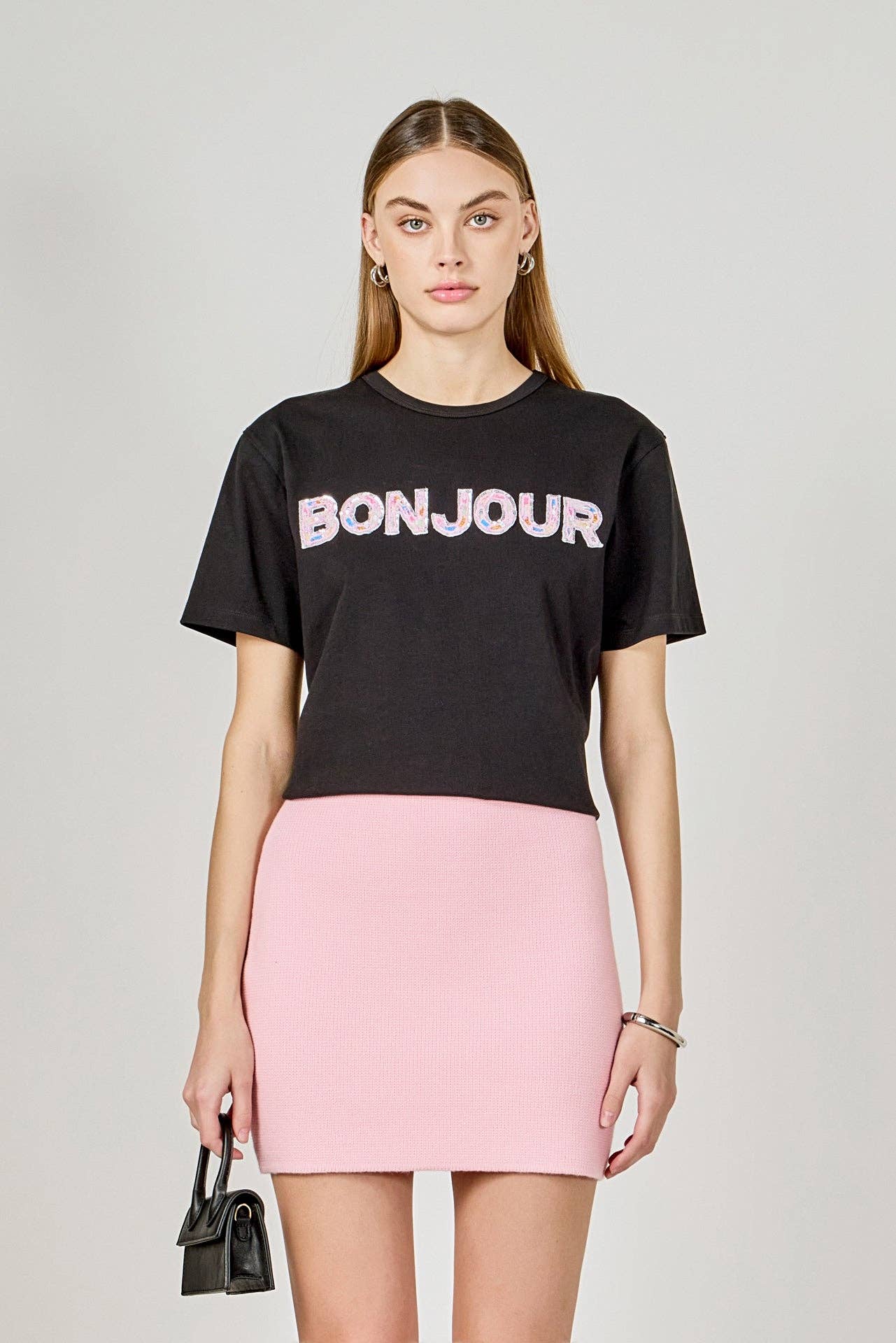 Bonjour Sequins Embroidered Patch Top-pink