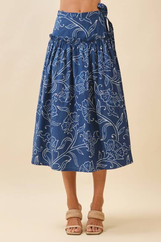 Floral Print A Line Side Tie Wrap Midi Skirt