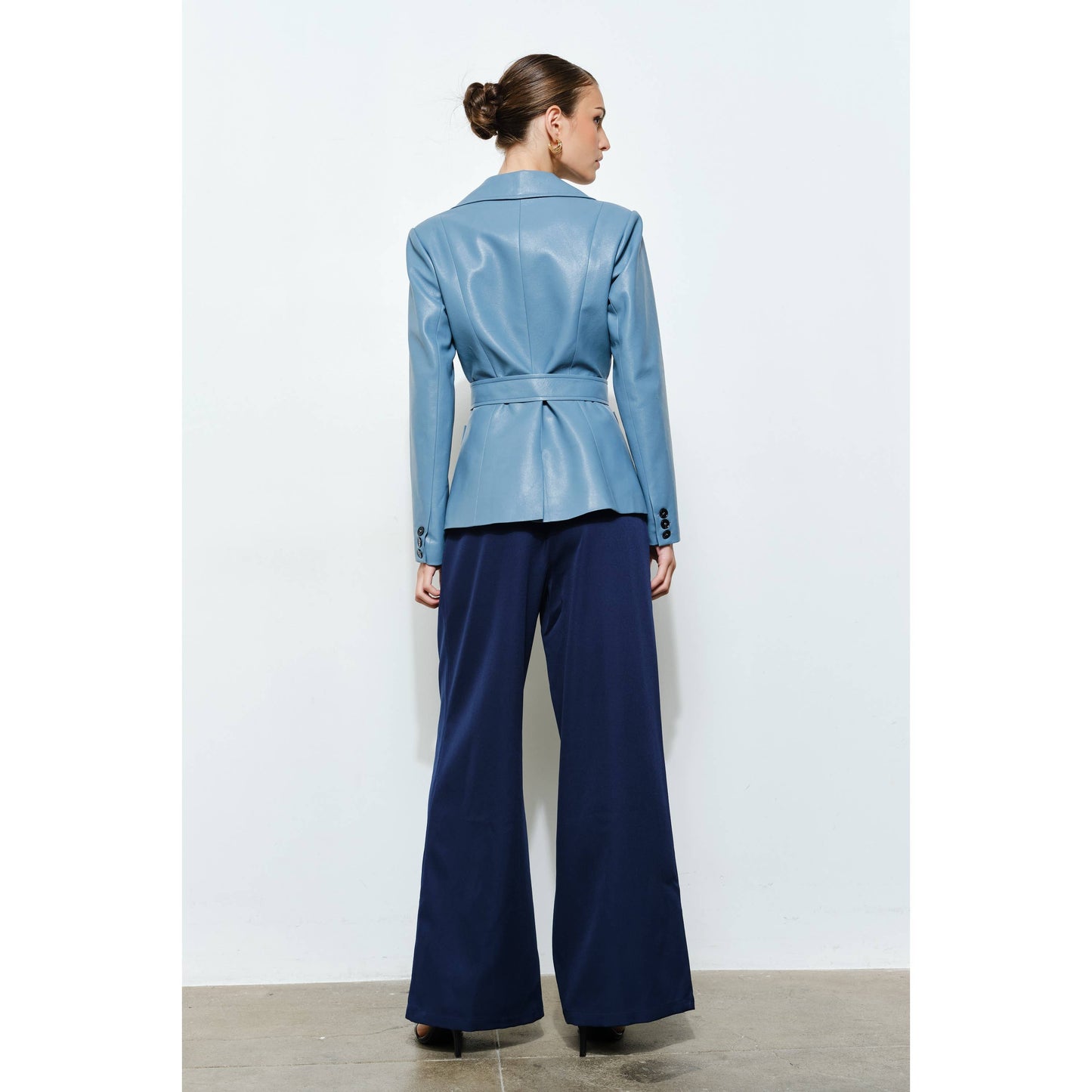 Faux Leather Single-Breasted Belted Blazer Jacket