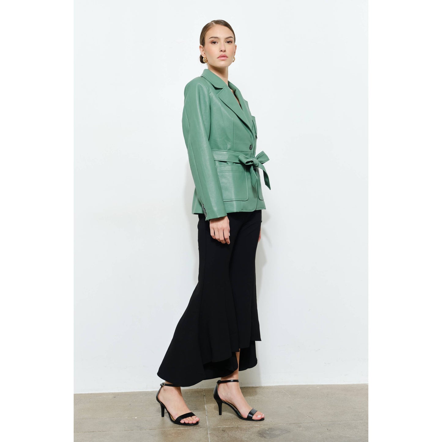 Faux Leather Single-Breasted Belted Blazer Jacket