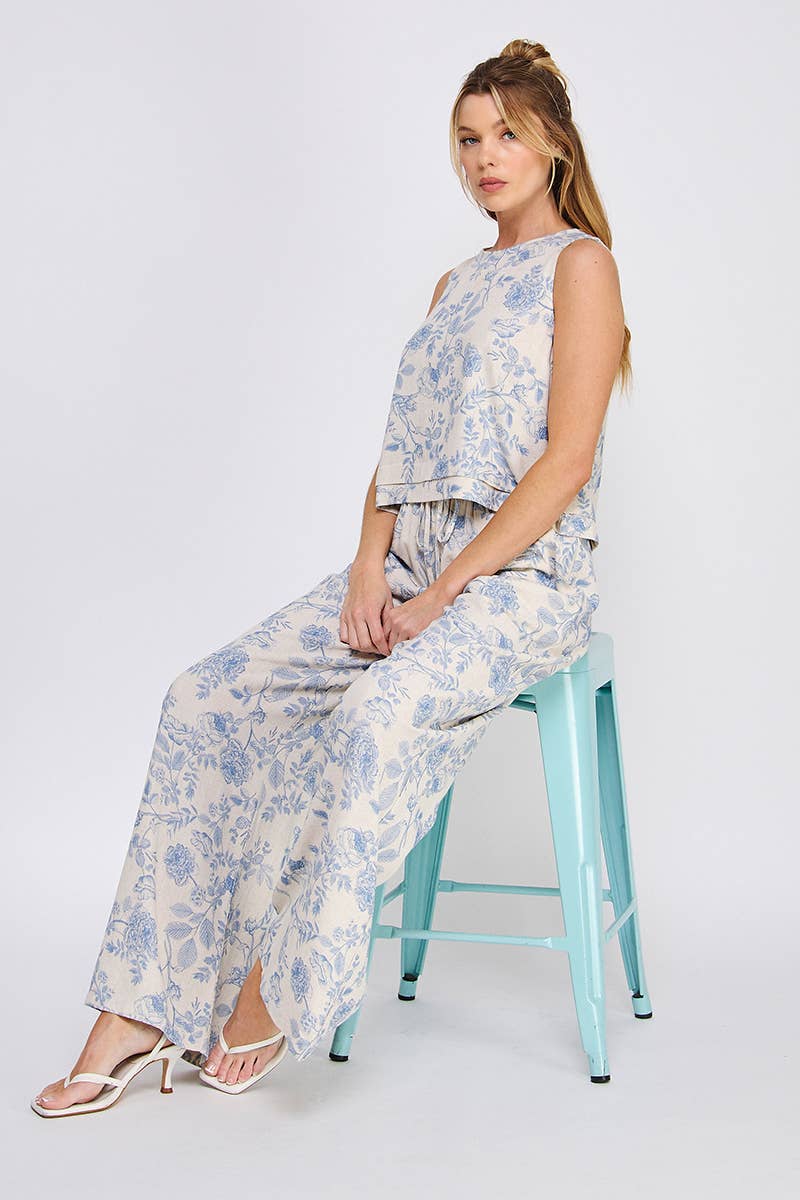 Printed Soft Linen Elastic Tie Waist Wide Leg Pants