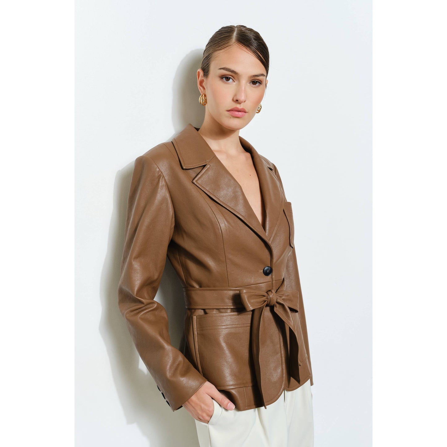 Faux Leather Single-Breasted Belted Blazer Jacket