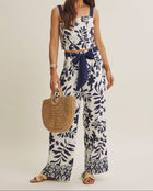 RESORT WEAR BORDER PRINT LEAF PRINT TOP AND PANTS SET