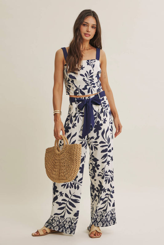 RESORT WEAR BORDER PRINT LEAF PRINT TOP AND PANTS SET