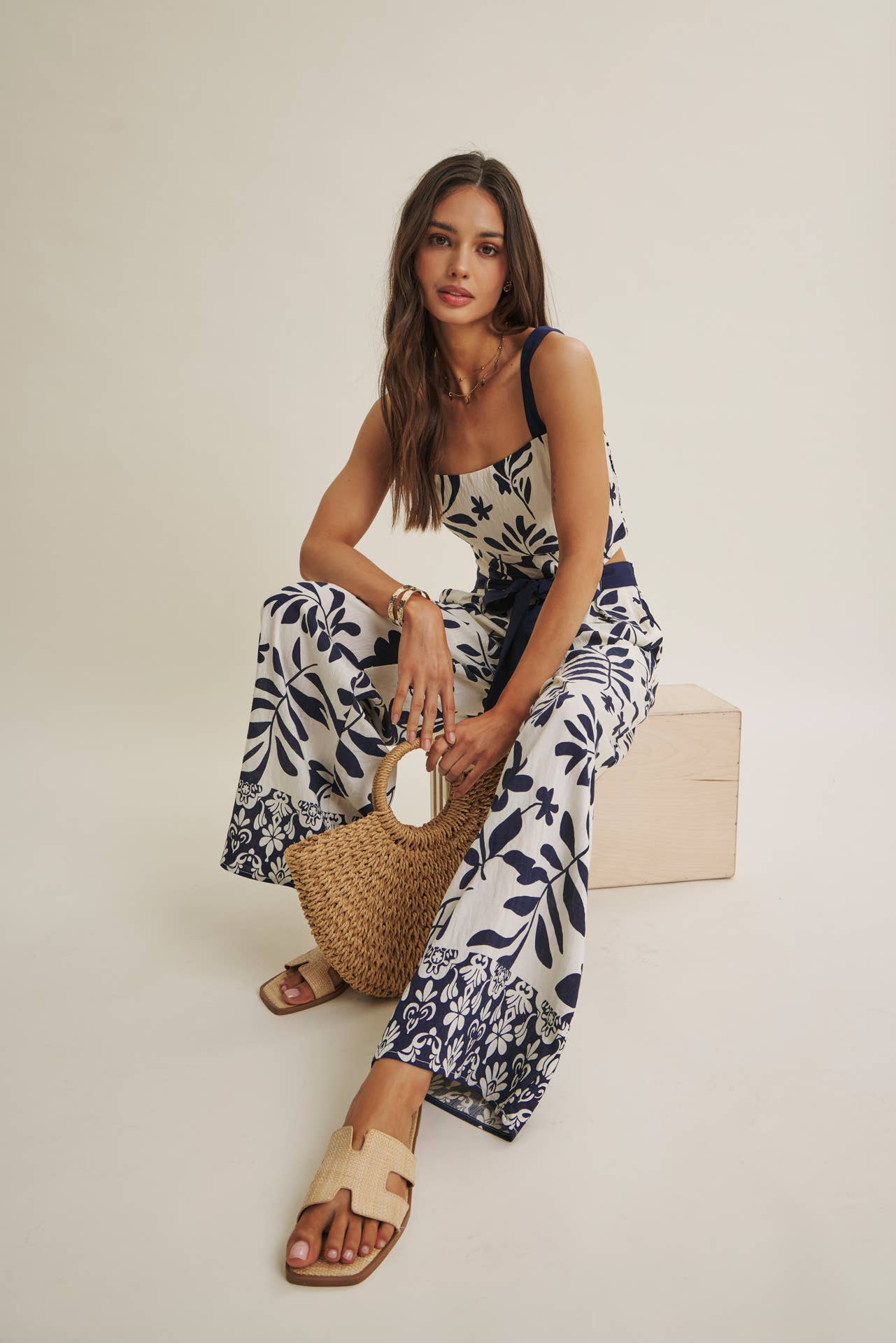 RESORT WEAR BORDER PRINT LEAF PRINT TOP AND PANTS SET