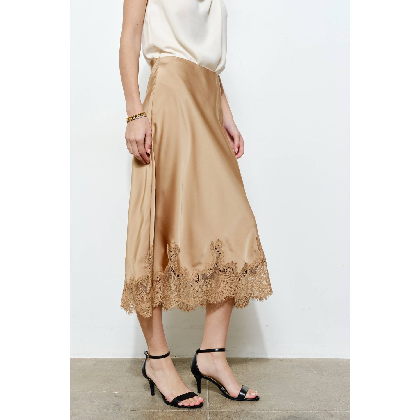 Classic Silky with Lace Hem H-Line Midi Skirt