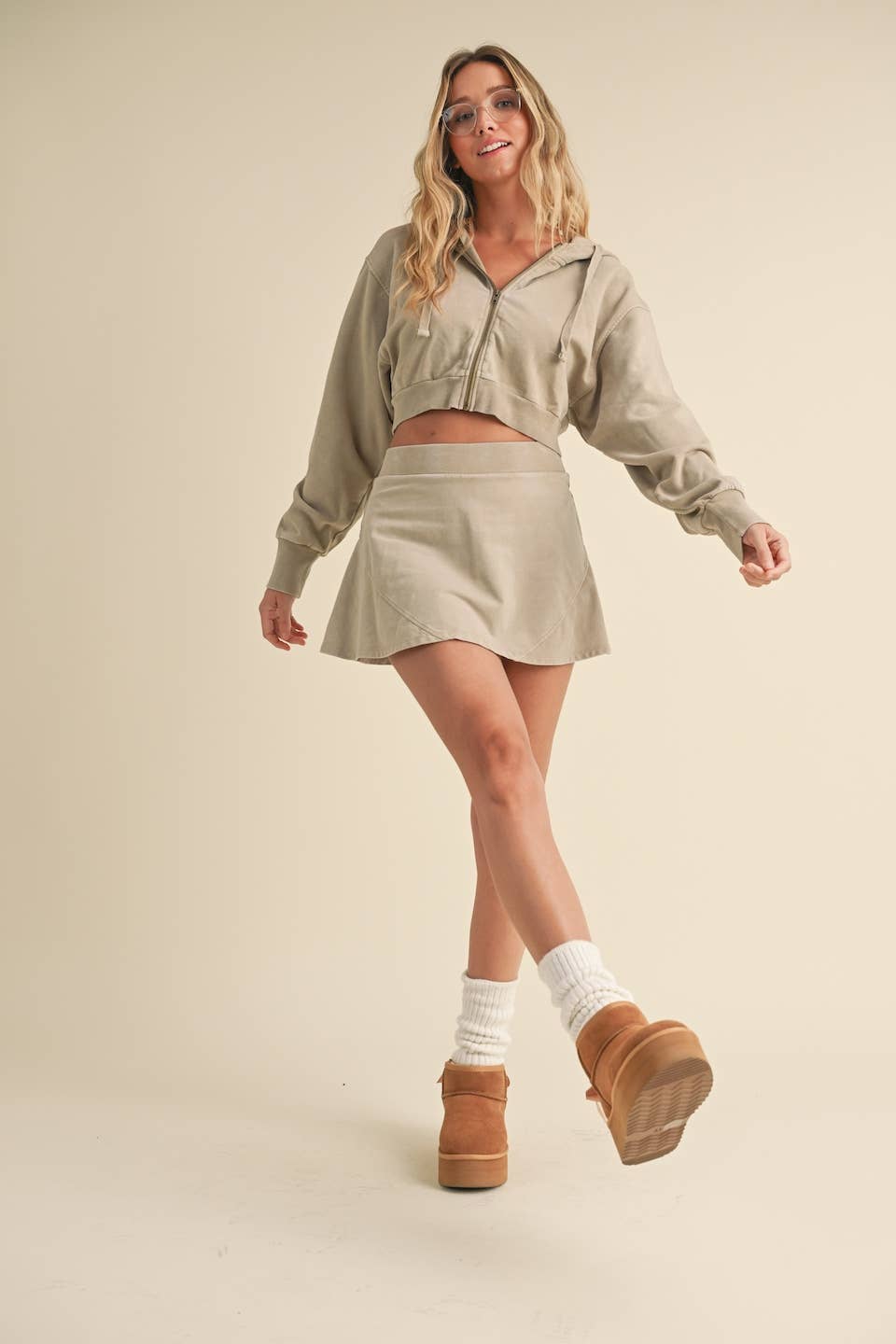Mineral Wash Oversized Crop Hoodie Beige