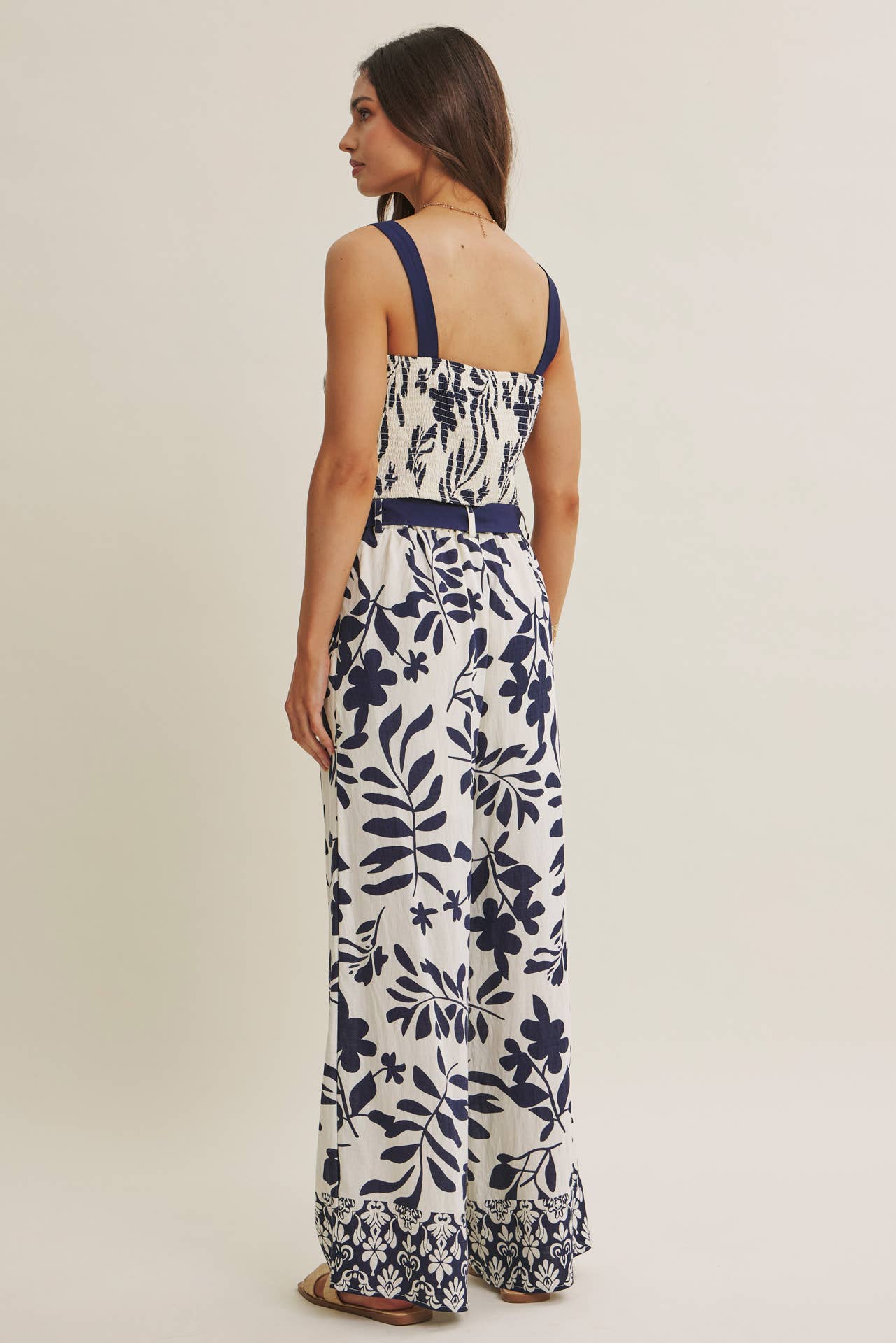 RESORT WEAR BORDER PRINT LEAF PRINT TOP AND PANTS SET
