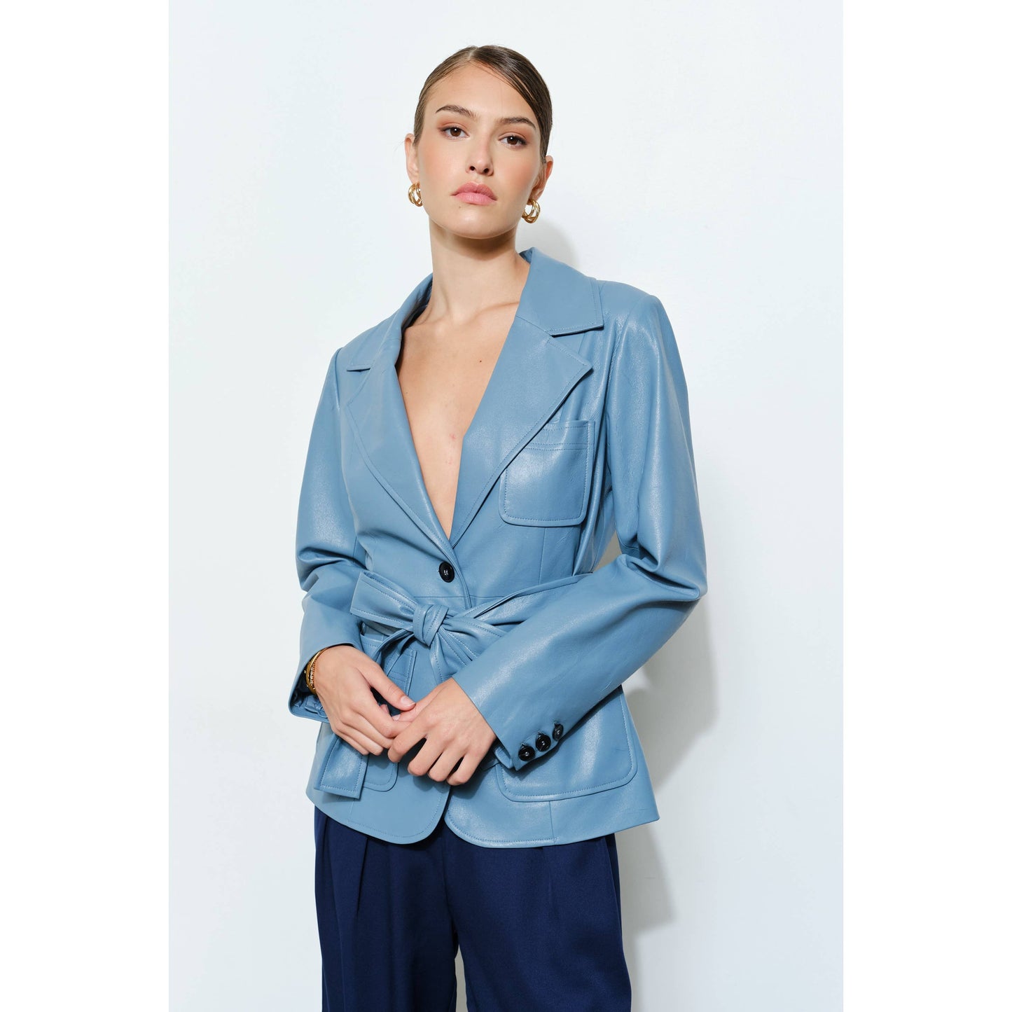 Faux Leather Single-Breasted Belted Blazer Jacket