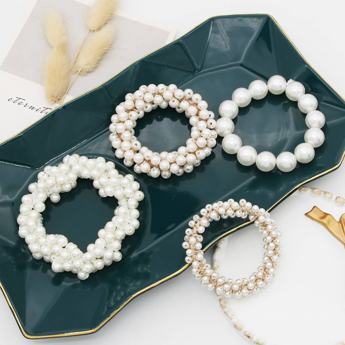 Beaded Faux Pearl Hair Tie Bracelet for Women_CWAHA07389