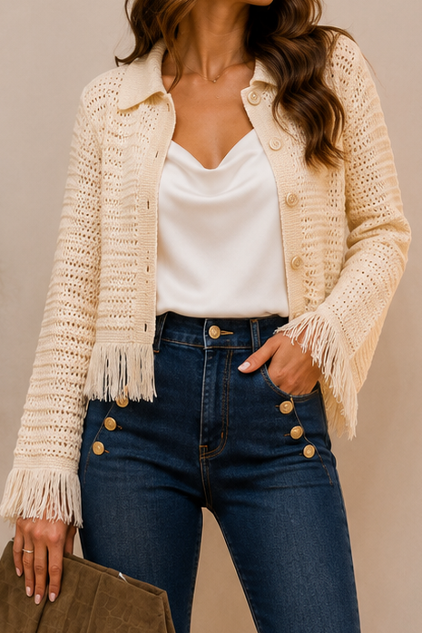 Open Knit Collared Fringe Cardigan