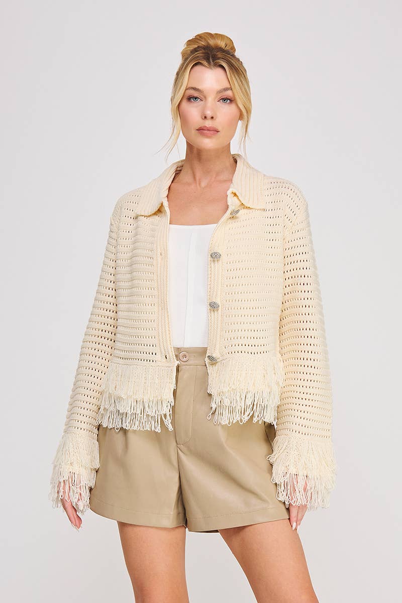 Open Knit Collared Fringe Cardigan
