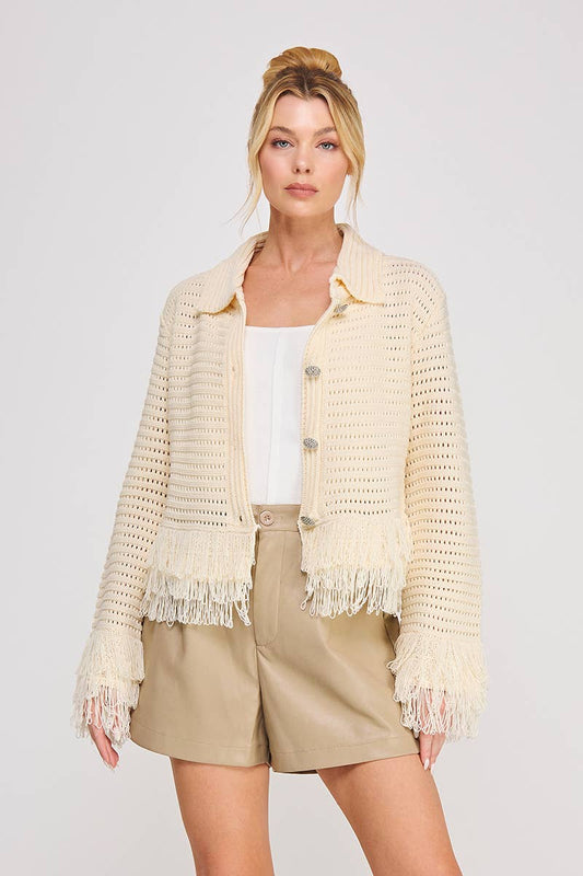 Open Knit Collared Fringe Cardigan